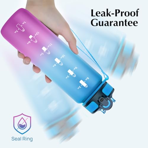 EYQ 32oz Water Bottle with Straw, Sports Bottle with Time Marker - color: 1.Blue/Purple Gradient