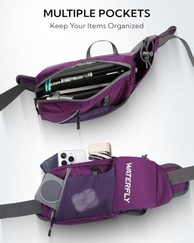 WATERFLY Water Bottle Fanny Pack, Hiking Hydration Belt for Women Men - color: Dark Purple