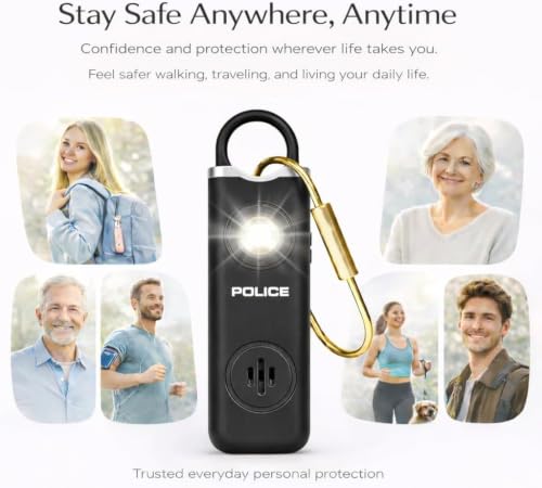 Police Personal Safety Alarm Keychain, Rechargeable Loud Emergency Alarm w/ Strobe Light, Portable Self Defense Alarm for Women, Kids, Seniors, Travel, Black