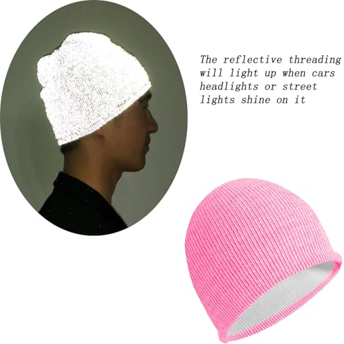 Reflective Beanie Hat High Visibility Warm Winter Loop Knit Cap Gifts for Women Men - color: Pink