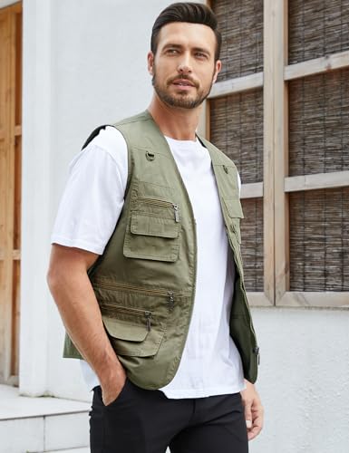 Gihuo Men's Fishing Vest Utility Safari Travel Vests with Multi Pockets - color: Army Green, size: X-Large