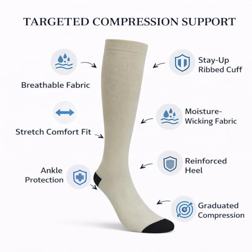 Diamond Star 6 Pairs Compression Socks for Men & Women, Knee High Socks - color: 6 Pairs Cream