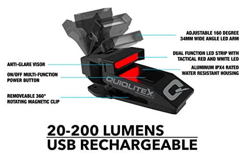 QUIQLITEX2 Tactical Red/White Hands-Free LED Pocket Light, 20-200 Lumens, Aluminum Housing (USB Rechargeable) - color: Red/White