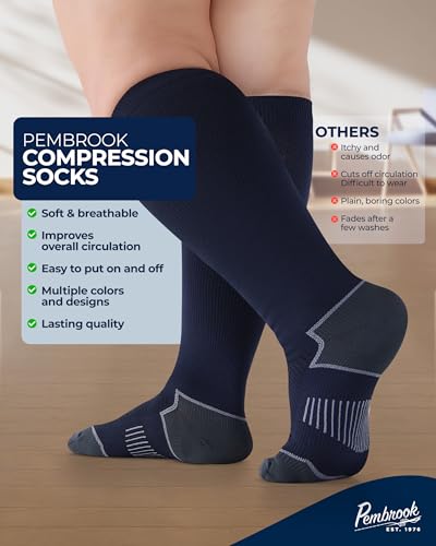 Pembrook Plus Size Compression Socks for Women Wide Calf - 3 Pairs, 20-30mmHg Extra Wide Calf Compression Socks, Up to 4XL - color: Black/Gray/Navy - 3 Pairs, size: XX-Large