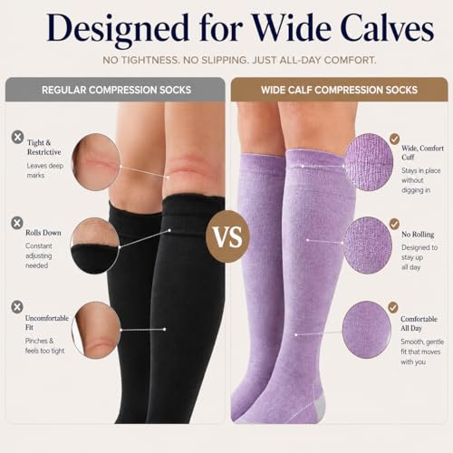 LEVSOX Bamboo Viscose Wide Calf Compression Socks 20-30 mmHg with Cushioned - color: Purple Grey, size: Medium