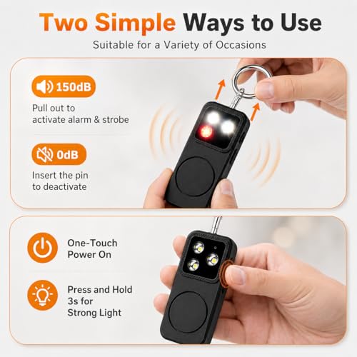 Personal Safety Alarm, Rechargeable 150dB Strobe Siren - color: Black