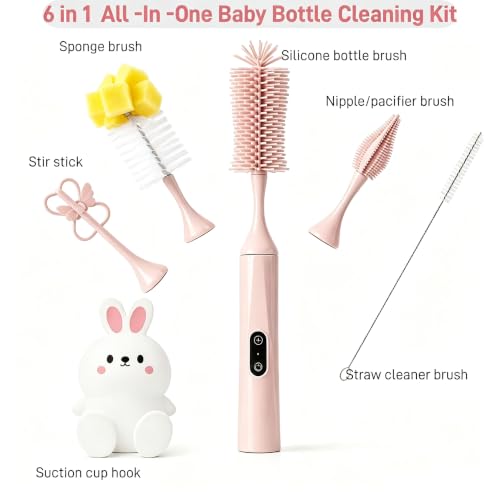 Electric Bottle Brush, Rechargeable Auto Spinning Bottle Cleaner, All-in-One Cleaning Kit with Multi Brush Heads & Stir Stick for Baby Bottles & Drinkware, Great Household Helper and Ideal Gift - color: Light Pink