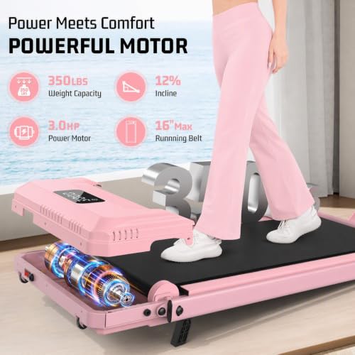FUNMILY Upgrade Walking Pad Folding Treadmill with 12%/15% Incline & Handle Bar, 3.5HP Foldable Under Desk Compact Treadmills for Home/Office/Gym, 400+lb Capacity, Shock Absorption - color: Best Baby Pink T