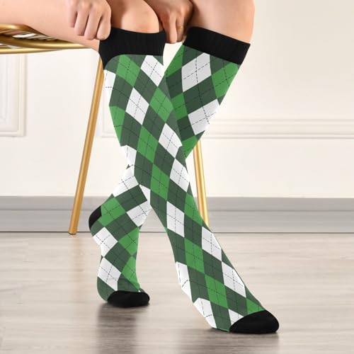 JUNZAN Buffalo Plaid Red Black Knee High Socks Compression Socks for Women Men Kid for Running Sports Nurse - color: Argyle Plaid Green St. Patrick's Day
