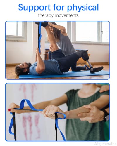 10 Loop Yoga Stretching Strap for Physical Therapy - Non-Elastic Exercise Band for Pilates, Yoga, Stretching for Women & Men - color: Black+Blue