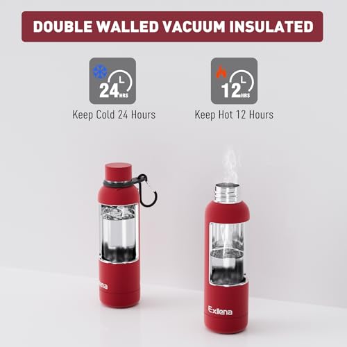 Exllena Slim Insulated Water Bottles for Travel 18oz with Clip, Double Wall Vacuum Stainless Steel Water Bottle Keeps Drinks Cold 24 Hrs/Hot 12 Hrs, 100% Leakproof, BPA Free（Red） - color: Red, size: 500 ml