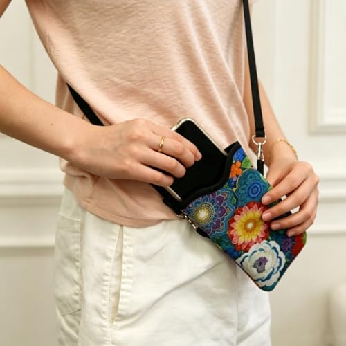 GLOBLELAND Mandala Flowers Nylon Cell Phone Sleeve Pouch Case Bag 7.1×3.9 inch Datura Flowers Shockproof Universal Phone Bag with Crossbody Strap Neck Lanyard for Women Men Phone Headphones Watch - color: Mandala