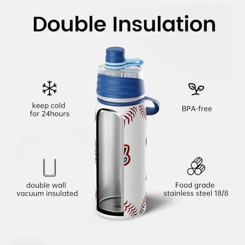 Baseball Water Bottle - 20oz Insulated Misting Water Bottles Stainless Steel 3D Textured - Baseball Accessories Gift for Kids - color: Baseball