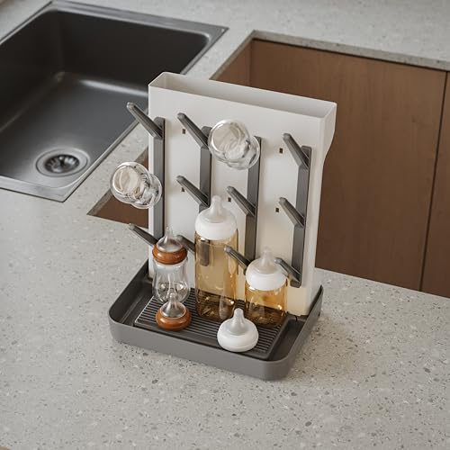 IEEK Baby Bottle Drying Rack,Large Vertical Drying Tower Bottle Rack Holder Space Saving Standing Drying Rack for Countertop-Holds 12 Baby Bottles and Cup,Etachable Travel Bottle Rack,Grey and White - size: Desktop bottle drying rack