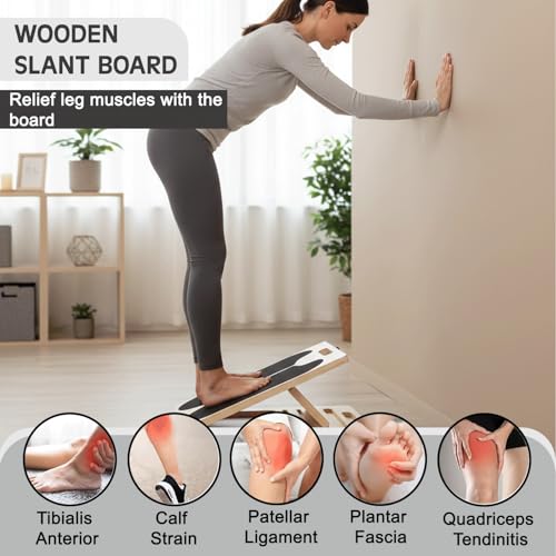 Portable Wooden Slant Board for Calf Stretching with Resistance Bands 400 lbs Cap,Balance Board Anti-Slip Incline Board, Ankle Support, Include Instruction Card & Sand Paper.