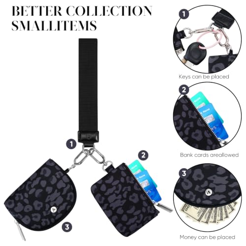 VUTUXA KeyChain Wallet Wristlet For Women Mini Zip Dual Pouch Coin Purse - color: black leopard+black leopard