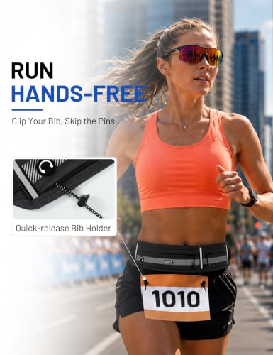 MIER Running Belt for Women & Men, Fanny Pack with Marathon Bib Clip, Black - color: Black