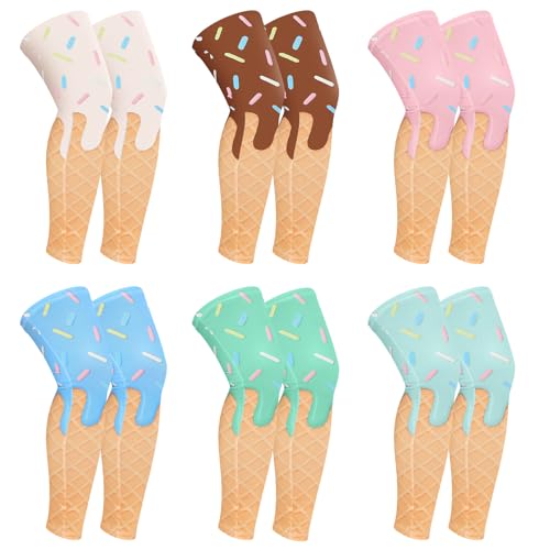 Mepase 6 Pairs Ice Cream Drip Leg Sleeve Full Length Knee Protector UV Protect Sleeves Athletic Compression Leg Cover for Women Men Youth Sports Cycling Football Basketball Accessory