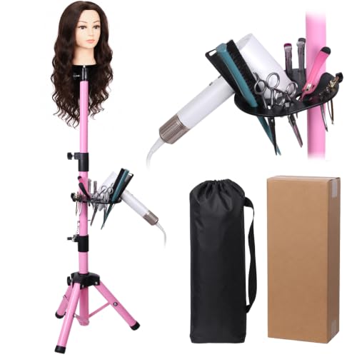 ZQIAN BEAUTY 55 Inch Heavy-duty Wig Head Stand, Adjustable Metal Mannequin Head Stand Tripod For Hairdressing Training Head, Wig Stand Tripod with Tool Tray (Pink, Mannequin Head Not Included) - color: Pink, size: 55 Inch