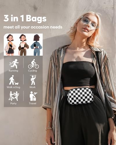 Pritent Fanny Packs for Women Crossbody Belt Bag With Zipper Back Pocket - color: Checkered Black, size: Small