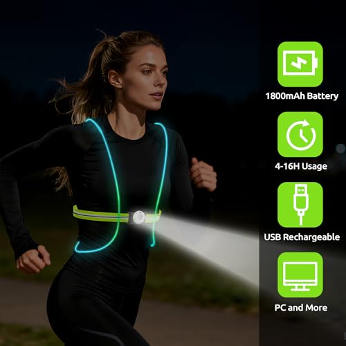 LED Reflective Running Vest Lights for Runners, Running Lights with Front Light, Safety USB Rechargeable Reflective Night Lights For Men/Women Running Walking Cycling, Three Light Modes with 7 Colors
