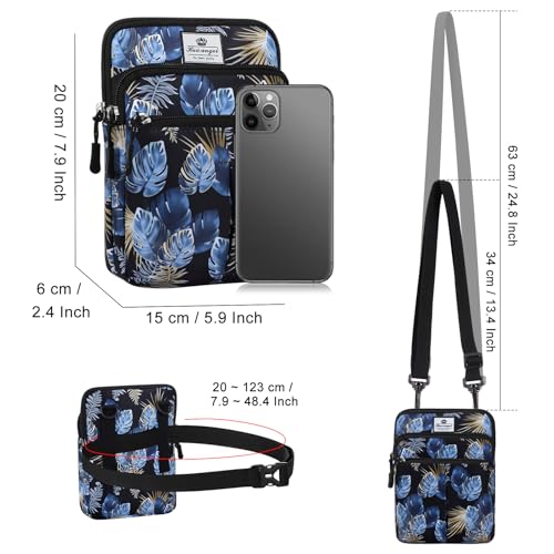 HUA ANGEL Multifunctional Fanny Pack for Men & Women Lightweight Waist Bag with 3 Zip Compartments, Cross body bag for Running Walking Sport Travel - color: Blue leaves