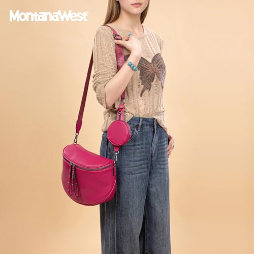 Montana West Crossbody Bag for Women, Vegan Leather Bum Bag with Coin Purse - color: Hot Pink