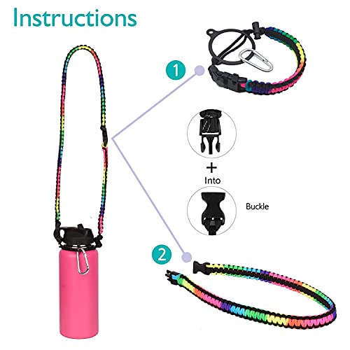 Wongeto Paracord Handle Carrier Holder with Shoulder Strap,Compatible with Hydro Flask Wide Mouth Water Bottles - color: Rainbow