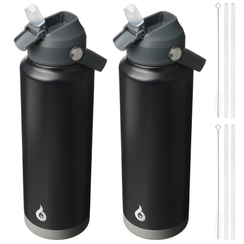 BJPKPK 2 Pack 40oz Insulated Water Bottles with Straw Lids, Stainless Steel - color: 2 X Black, size: 40 Ounces