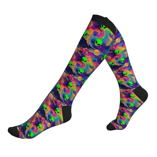Compression Socks Women Knee High Support Circulation Stockings for Running Cycling Flying - color: Alien