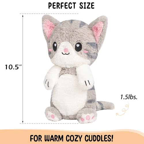 Happy Fuel Grey Cat Microwavable 1.5 lbs Unscented Heating Pad for Women & Kids- Cute Soft Cozy Pillow Plush Heatable Warm Stuffed Animals- Kawaii Hot & Cold Plushie - Gray Cat Gifts for Girls & Women - color: Grey White Cat