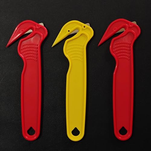 3PCS Safety Box Cutter Utility Knives Set, Film Cutter with Sharp Durable Steel Blade, Safe Efficient Cutting Tool for Shrink Wrap, Stretch Wrap, Tape & Plastic Straps,2Yellow 1Red