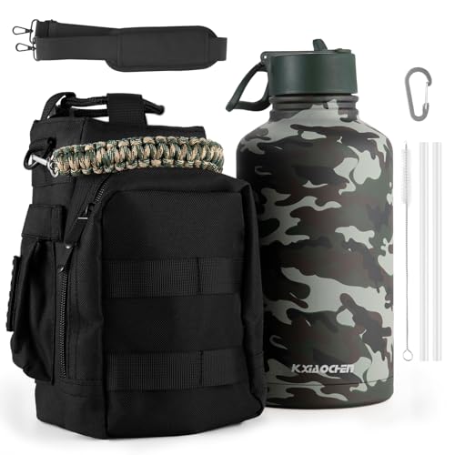KXIAOCHEN Insulated Water Bottle with Strap, 48-Hour Cold, 2 Lids - color: Camouflage-B, size: 64 Ounces