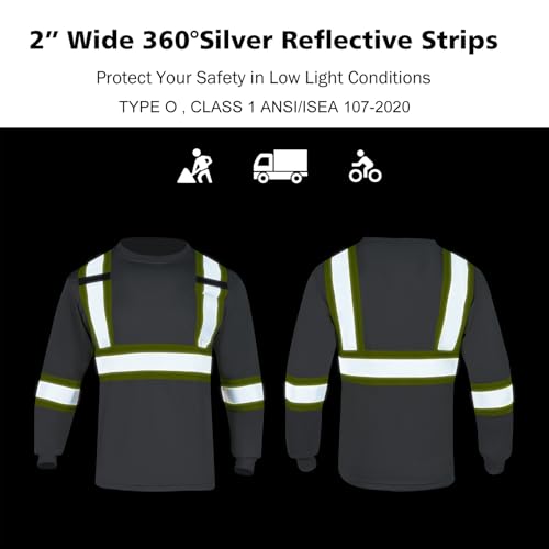 VENDACE Men's High Vis Safety Work T Shirt ANSI Class 1 Reflective Long Sleeve Shirt with Pocket(Grey,M) - color: Grey, size: Medium