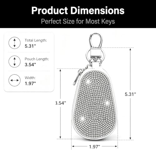 Bling Premium Leather Car Key Chain Case, Zipper Remote Key Wallet Bag with Coin Pocket, Multi-Functional Key Fob Holder Purse for Auto Keys Coins Cards (White) - color: White