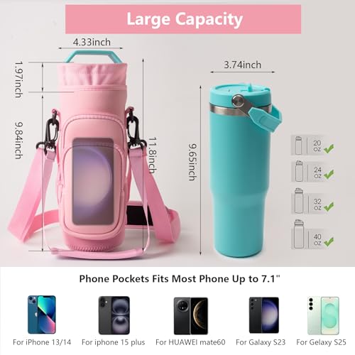 linmaya Water Bottle Carrier Bag,Water Bottle Holder with Straps Phone Pockets Fits Stanley IceFlow Owala 16/24/32/40oz Tumbler - color: Rose Pink, size: 16-40 Oz wihtout Handle