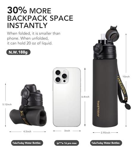 TakeToday Collapsible Water Bottles 21oz (600mL), Foldable Platinum Silicone Travel Water Bottle with Straw & Carry Strap, Leak-Resistant Screw Lid, Wide Mouth, BPA-Free for Hiking, Camping, Travel - color: Jungle