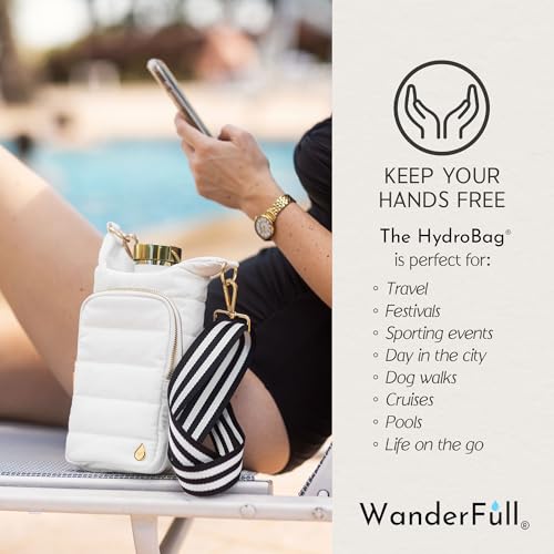 WanderFull Original HydroBag Crossbody Water Bottle Holder with Phone Pocket, Fits Water Bottles up to 32 oz - color: Black & White Strap