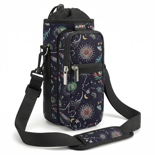 AUPET Water Bottle Sling Bag Sleeve Holder Carrier 25/32/40/64 oz,Insulated Crossbody Water Bottle Case Cover with Strap and Pockets for Men/Women Walking Hiking - color: Mystical Cosmic, size: 25oz