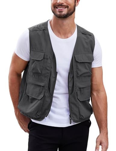 Gihuo Mens Fishing vest for Safari Utility Cargo with Pockets - color: Grey, size: Small