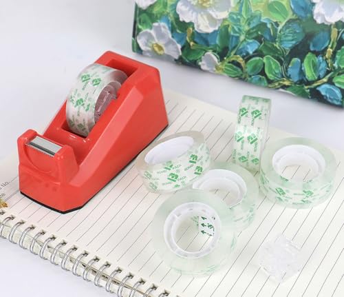 BOMEI PACK Tape Dispensers Desk, 1 Pack Red with 6Rolls Transparent Tape Refills, 1 Inch Core, for Gift Wrapping, School, Office and Home