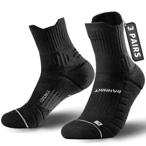 Rahhint CoolMax Quarter Compression Running Socks for Men Women, Wicking Cushion Athletic Hiking Socks 3 Pairs - color: Black, size: 9-13