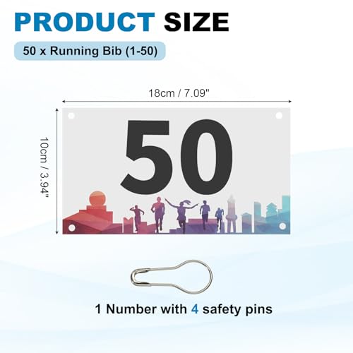 PATIKIL Running Bib Numbers 7x4" 1-50 Waterproof Race Competitor Numbers - size: 7x4"