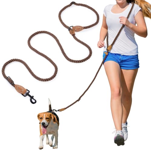 Mile High Life Hands Free Dog Leash, Crossbody Waist Leash with Genuine Leather Connection, Multifunctional Adjustable Slip Lead for Dog Walking Running (Dark Brown, 7FT) - color: Dark Brown, size: 7FT Hands Free