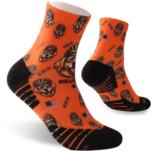 NIcool Cycling Socks For Men, 1/3 Pairs Bright Seamless Compression Running Crew Socks Youth Cushioned Tennis Quarter Socks - color: 1 Pair Bright Orange/Dog Print