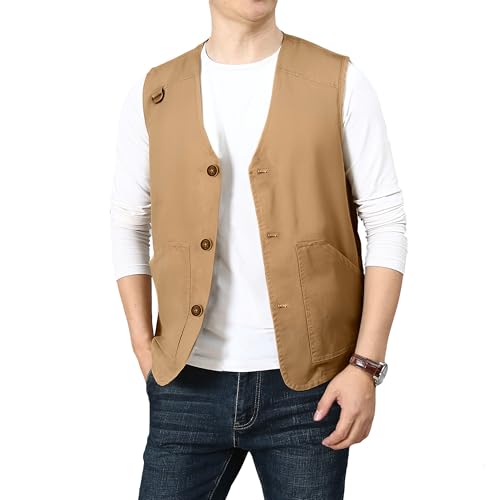 PRIJOUHE Mens Casual Cotton Vest Lightweight Outdoor Fishing Utility Vest - color: 03-khaki, size: X-Large