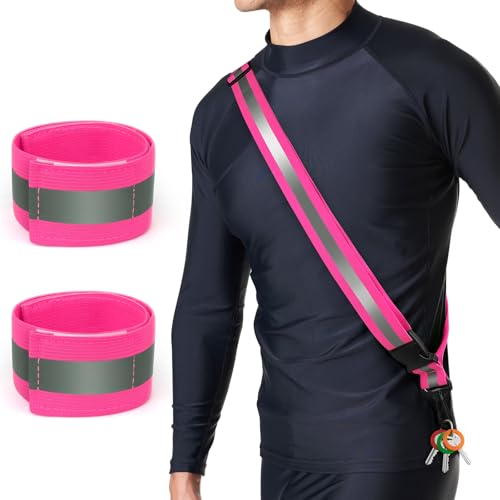 Reflective Sash for Night Walking, High Visibility Running Safety Gear with 2Pcs Reflective Armbands, Adjustable Cross-Body Reflective Belt for Men Women Kids, Essential Gear for Jogging Dog Walking - color: pink