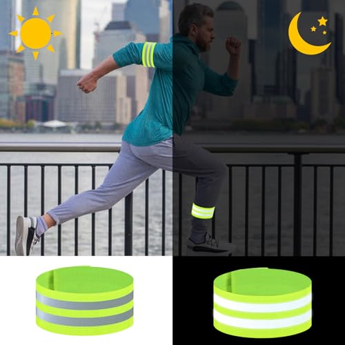 4 Pack Reflective Bands, Adjustable Reflective Running Gear Safety Reflector Tape Straps, Elastic High Visibility Arm Wrist Ankle Leg Straps for Night Running, Cycling,Walking (Green)