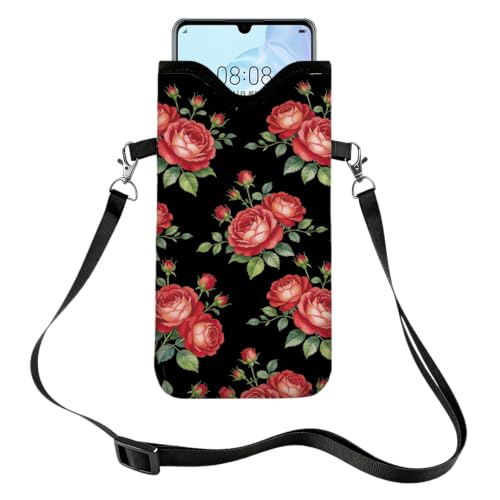 GLOBLELAND Roses Cell Phone Sleeve Pouch Case Bag 7.1×3.9 inch Flowers Shockproof Universal Phone Bag with Crossbody Strap Neck Lanyard for Women Men Phone Headphones Watch - color: Roses