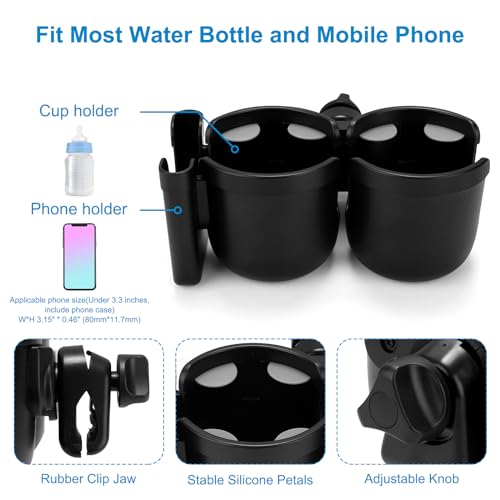 Accmor Stroller Cup Holder with Phone Holder, Bike Cup Holder, Walker Scooter Wheelchair Cup Holder Attachment, Universal Cup Holder for Uppababy Graco Strollers - color: Double Holder-All Black